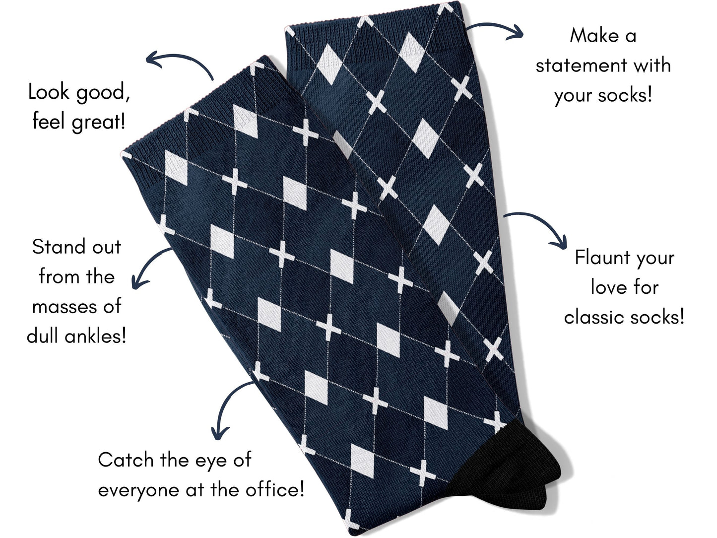 Black Argyle Socks flat lay of socks with benefits highlighted