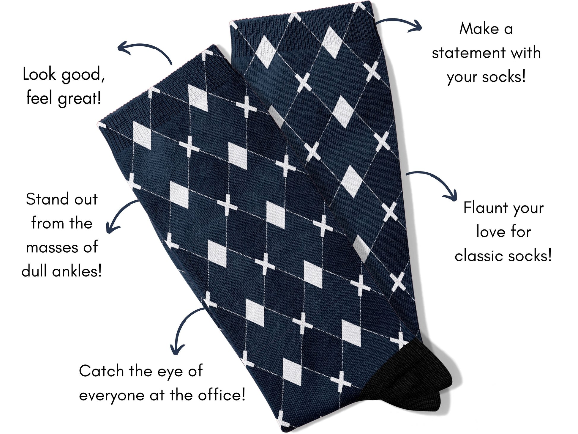 Black Argyle Socks flat lay of socks with benefits highlighted