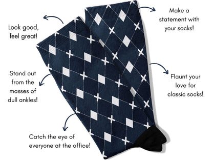 Black Argyle Socks flat lay of socks with benefits highlighted