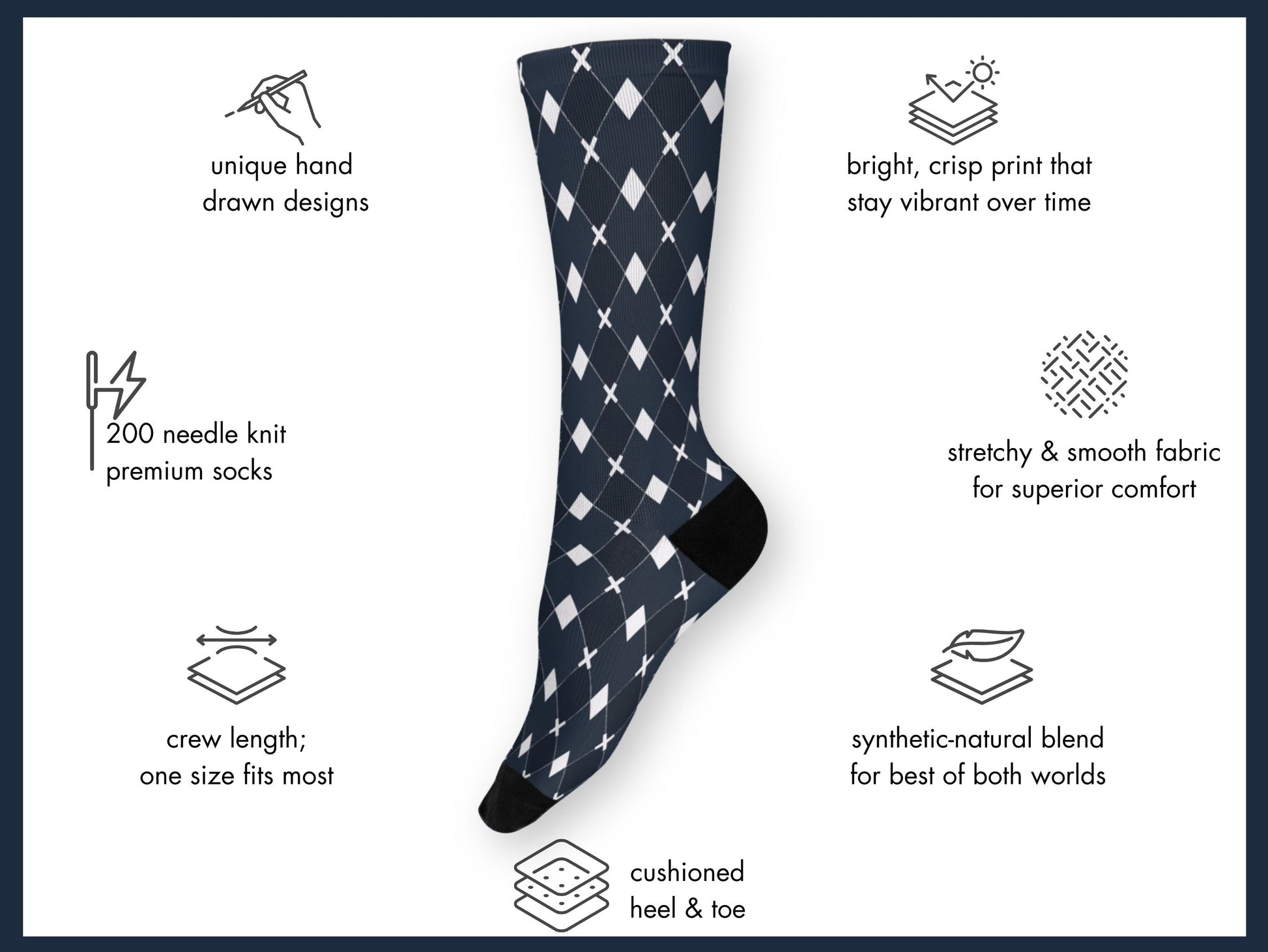 Black Argyle Socks floating mockup with features highlighted