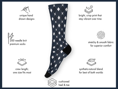 Black Argyle Socks floating mockup with features highlighted