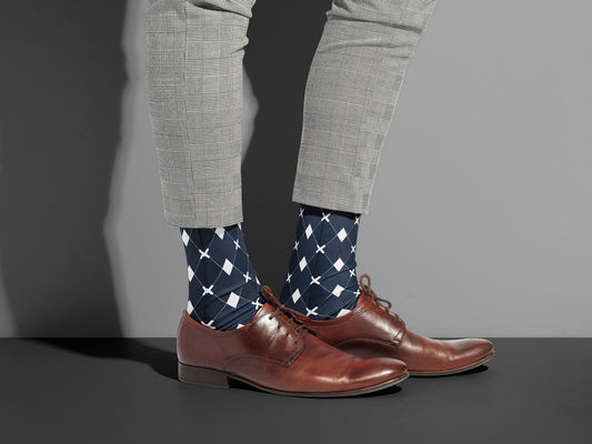 Black Argyle Socks styled with dress shoes in a lifestyle shot