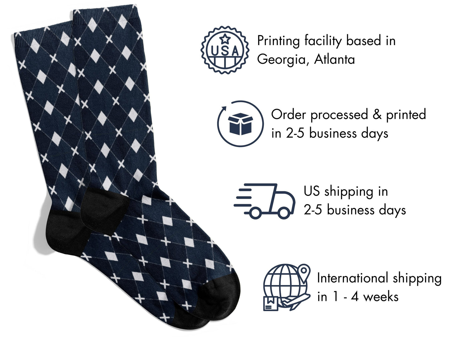 Black Argyle Socks flat lay of socks with shipping details overlay