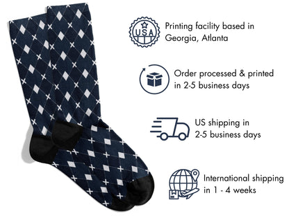 Black Argyle Socks flat lay of socks with shipping details overlay