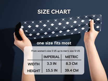 Black Argyle Socks hands stretching socks with size chart overlay