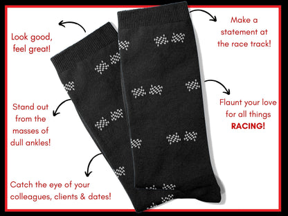 Black Checkered Flag Racing Socks – Men’s Novelty Crew flat lay of socks with benefits highlighted