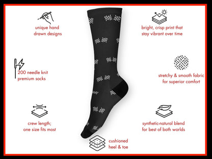 Black Checkered Flag Racing Socks – Men’s Novelty Crew floating mockup with features highlighted