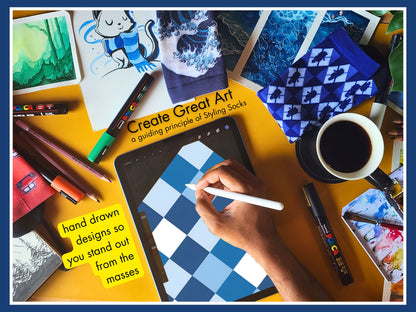 Blue Checkerboard Socks artist hand drawing the sock design on a tablet