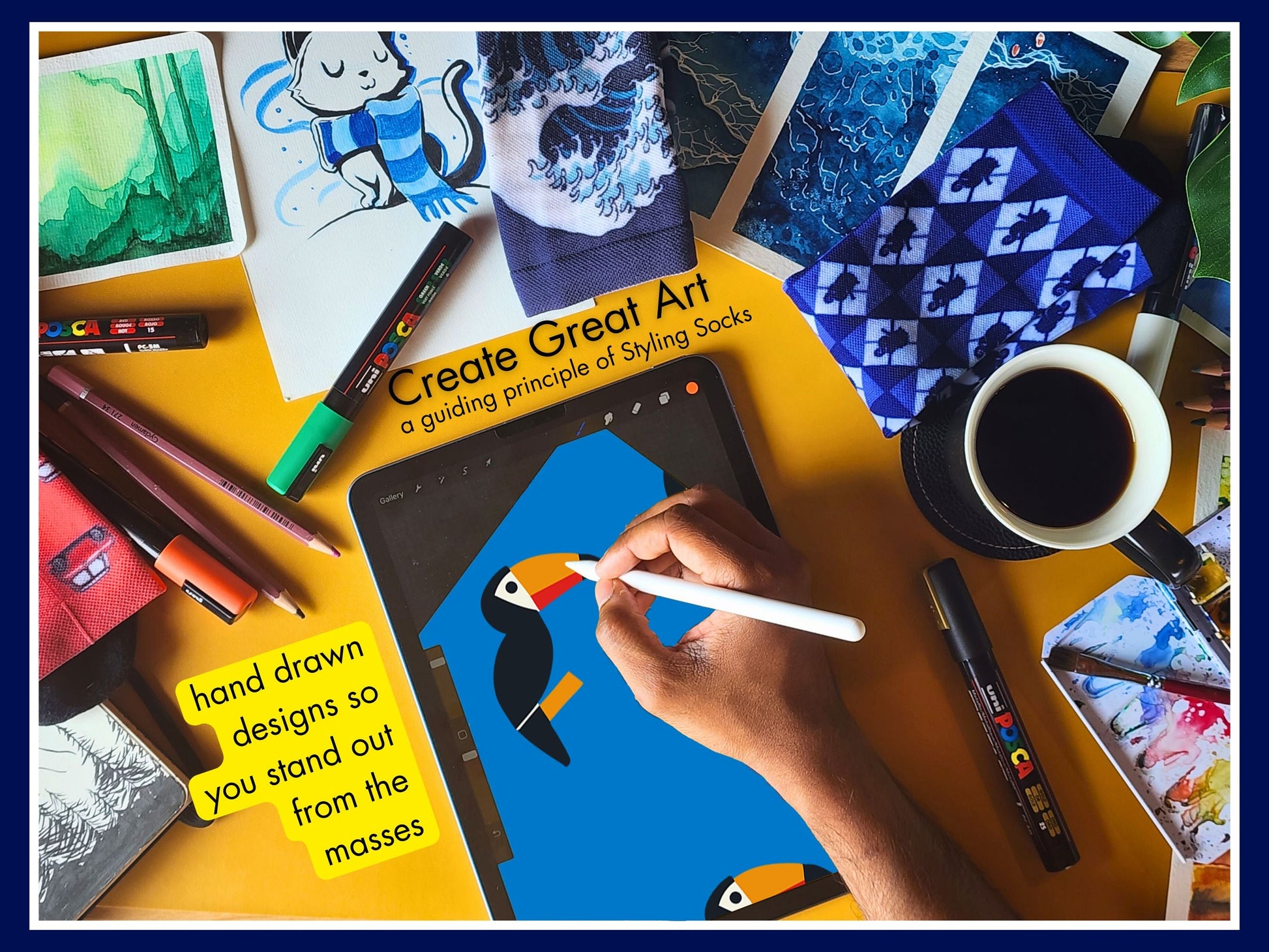 Bright Blue Toucan Bird Socks – Colourful Crew artist hand drawing the sock design on a tablet
