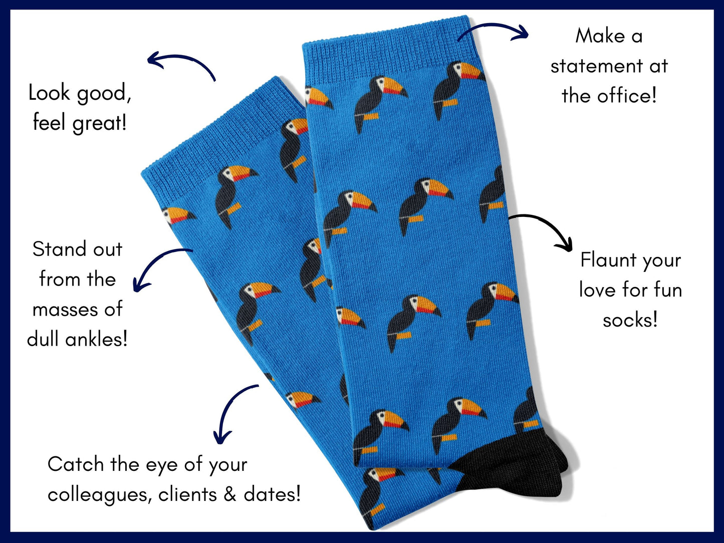 Bright Blue Toucan Bird Socks – Colourful Crew flat lay of socks with benefits highlighted