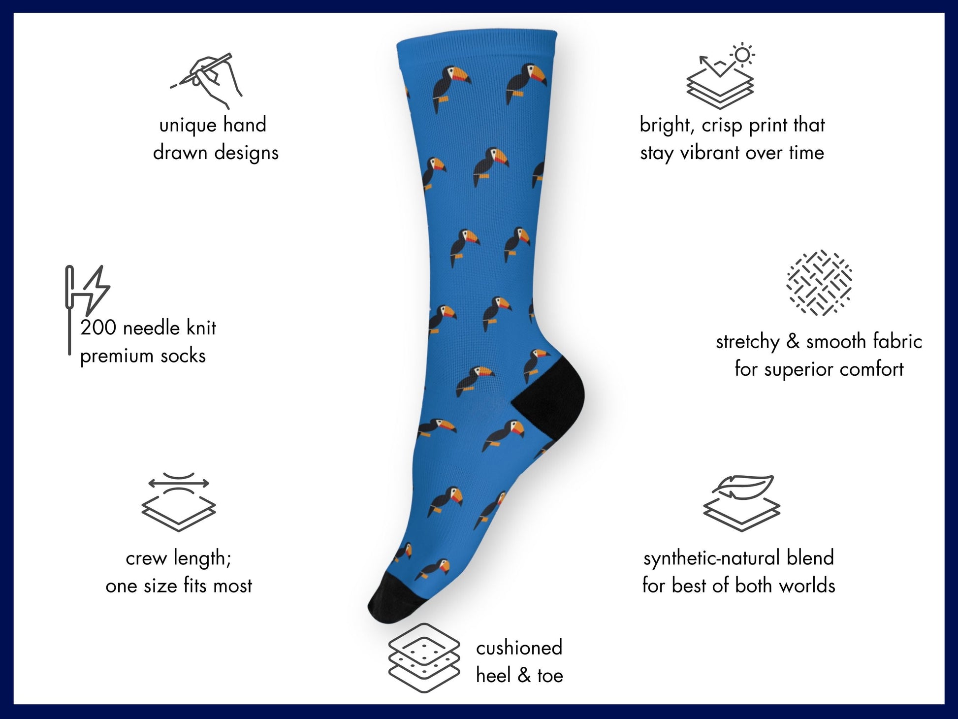 Bright Blue Toucan Bird Socks – Colourful Crew floating mockup with features highlighted