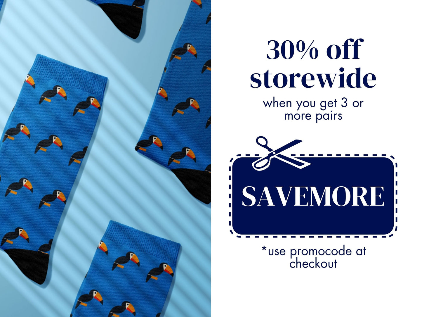 Bright Blue Toucan Bird Socks – Colourful Crew promo code offer with socks as background