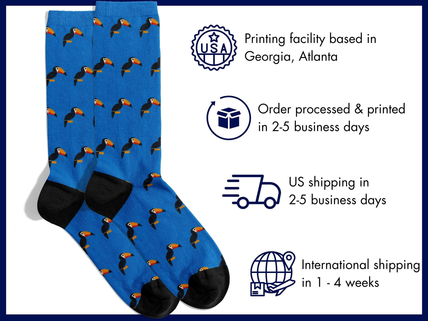 Bright Blue Toucan Bird Socks – Colourful Crew flat lay of socks with shipping details overlay