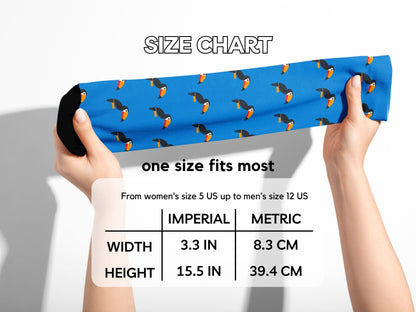 Bright Blue Toucan Bird Socks – Colourful Crew hands stretching socks with size chart overlay