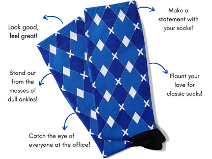 Blue & White Argyle Dress Socks flat lay of socks with benefits highlighted