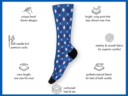 Blue & White Argyle Dress Socks floating mockup with features highlighted