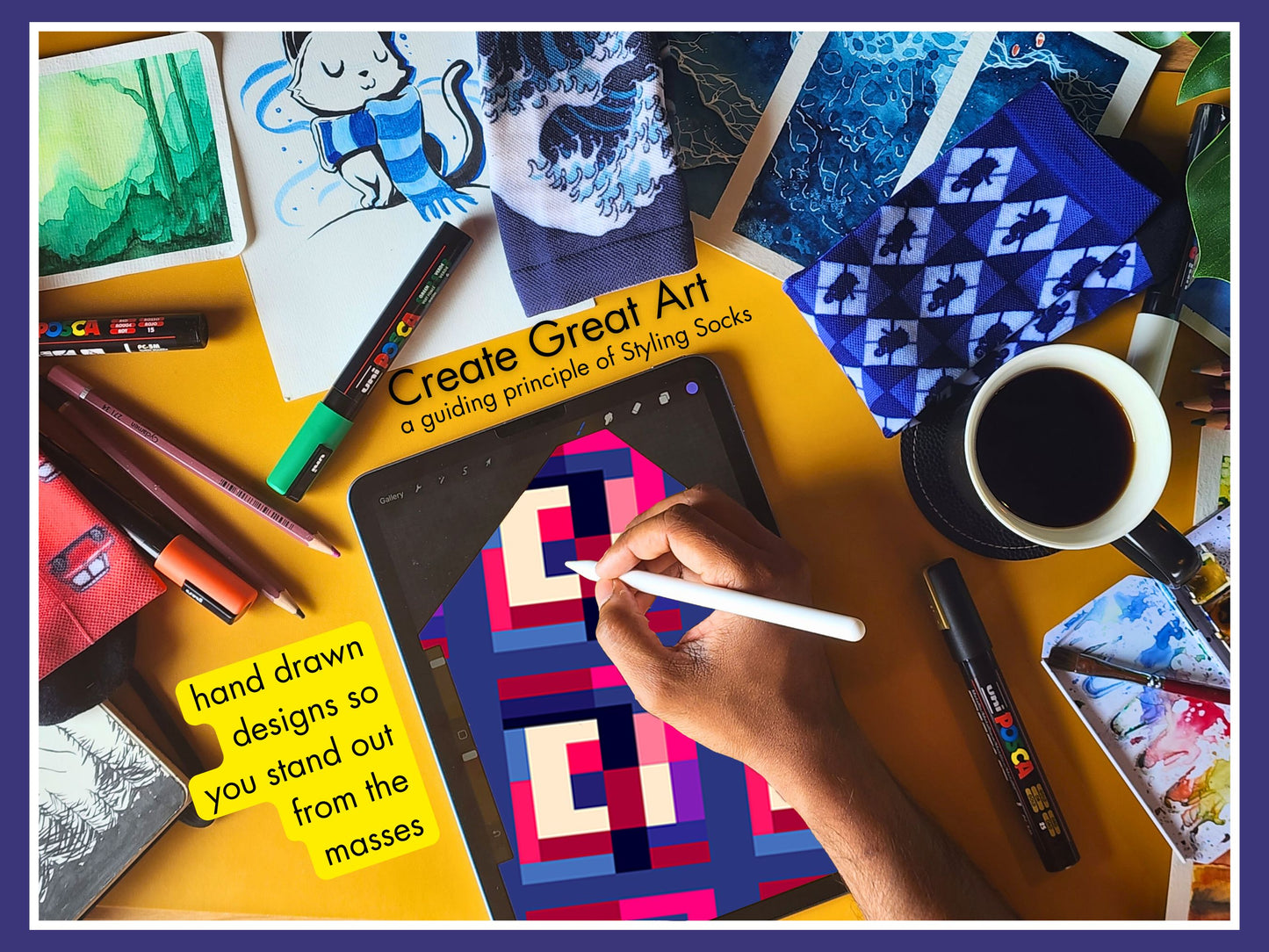 Bold Geometric Socks artist hand drawing the sock design on a tablet