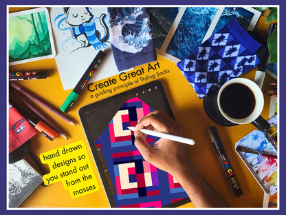 Bold Geometric Socks artist hand drawing the sock design on a tablet