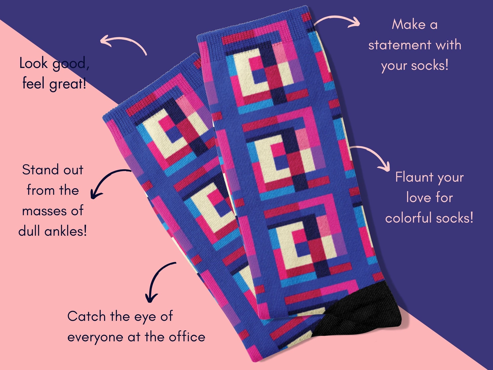 Bold Geometric Socks flat lay of socks with benefits highlighted