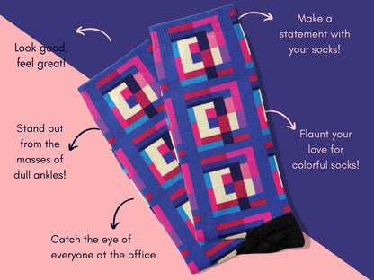 Bold Geometric Socks flat lay of socks with benefits highlighted