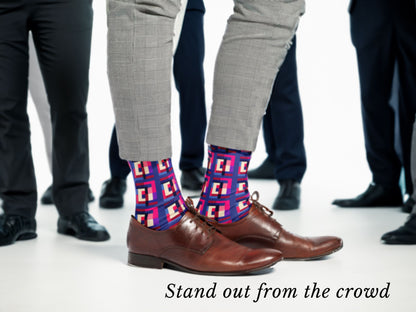 Bold Geometric Socks lifestyle vibe shot with everyone else wearing boring black socks, text reads "Stand out from the Crowd"