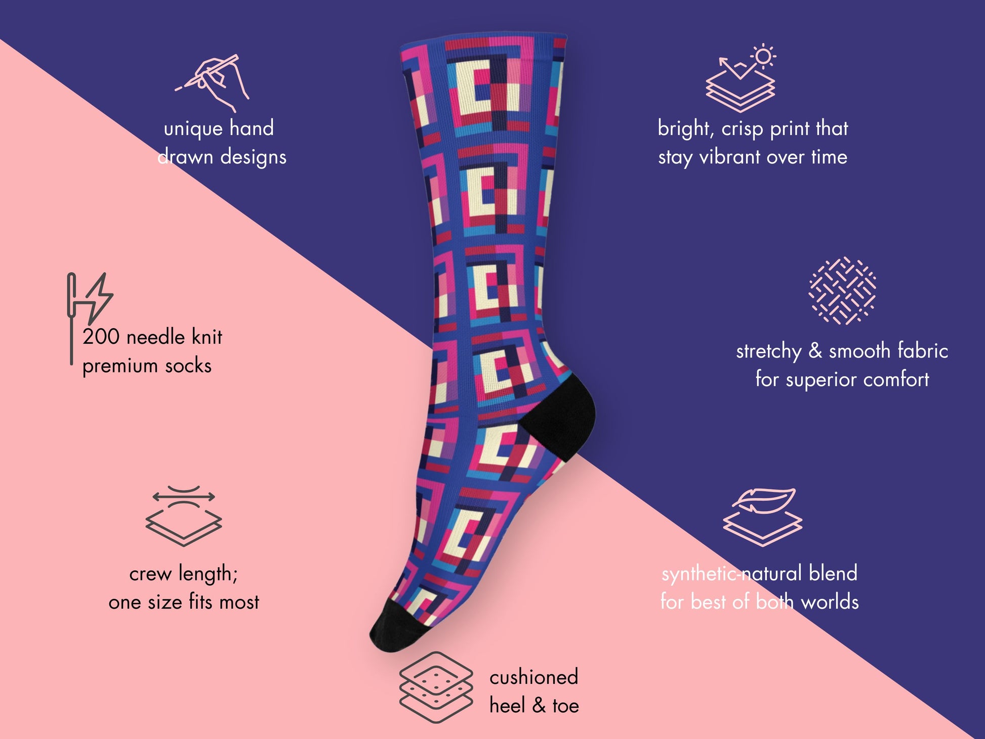 Bold Geometric Socks floating mockup with features highlighted