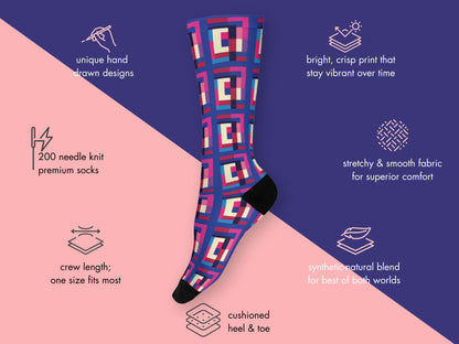 Bold Geometric Socks floating mockup with features highlighted