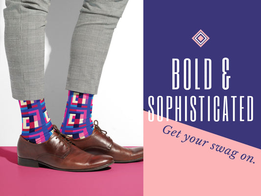 Bold Geometric Socks styled with dress shoes in a lifestyle shot with the Text "Bold & Sophisticated - Get your Swag On"