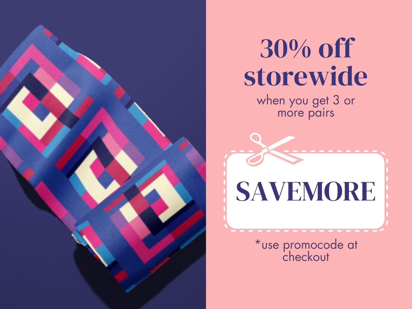 Bold Geometric Socks promo code offer with socks as background