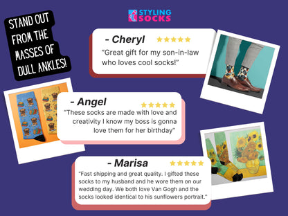 Bold Geometric Socks customer review collage showcasing Styling Socks testimonials