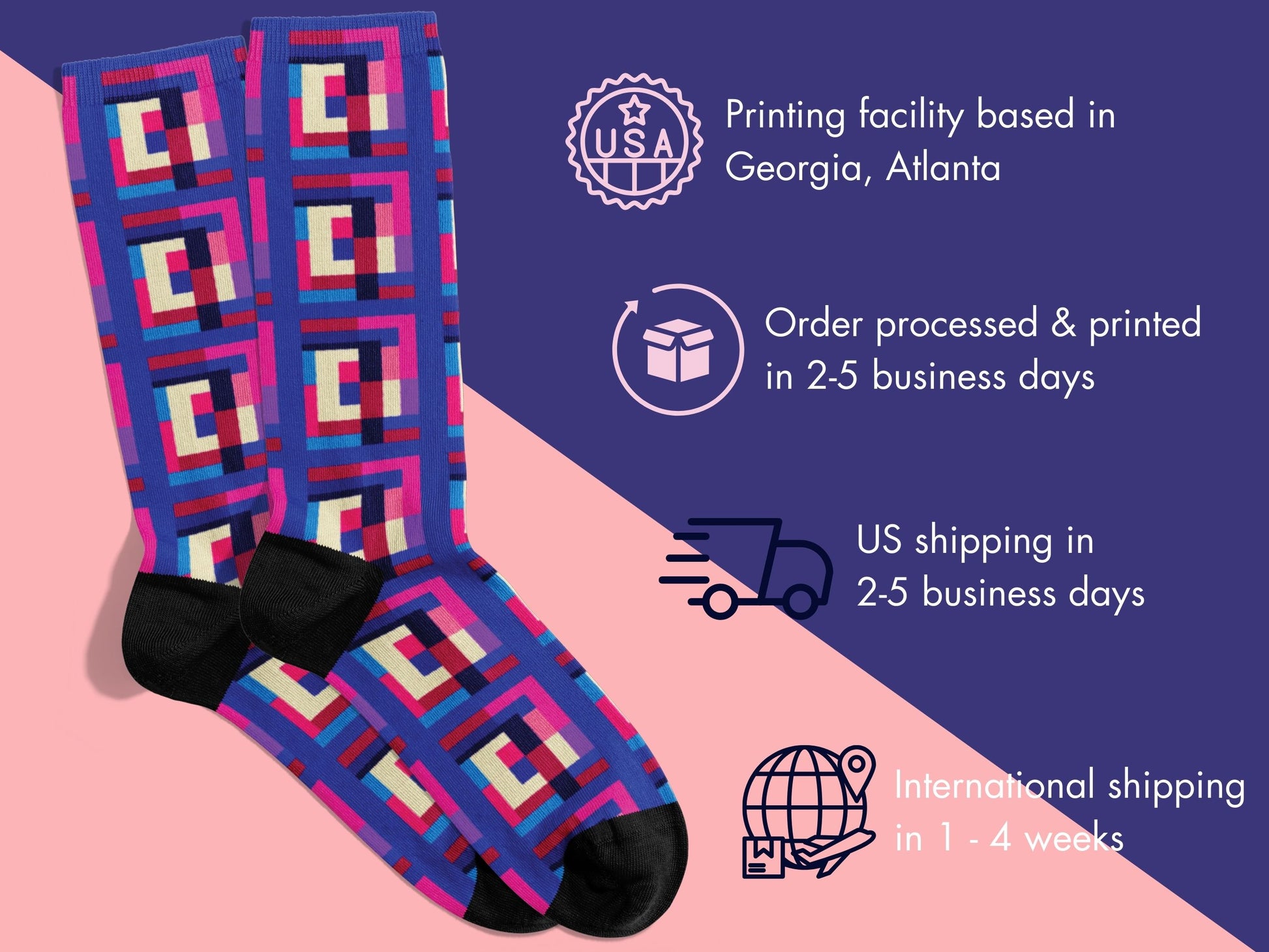 Bold Geometric Socks flat lay of socks with shipping details overlay