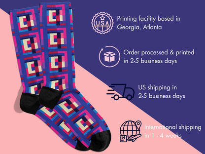 Bold Geometric Socks flat lay of socks with shipping details overlay