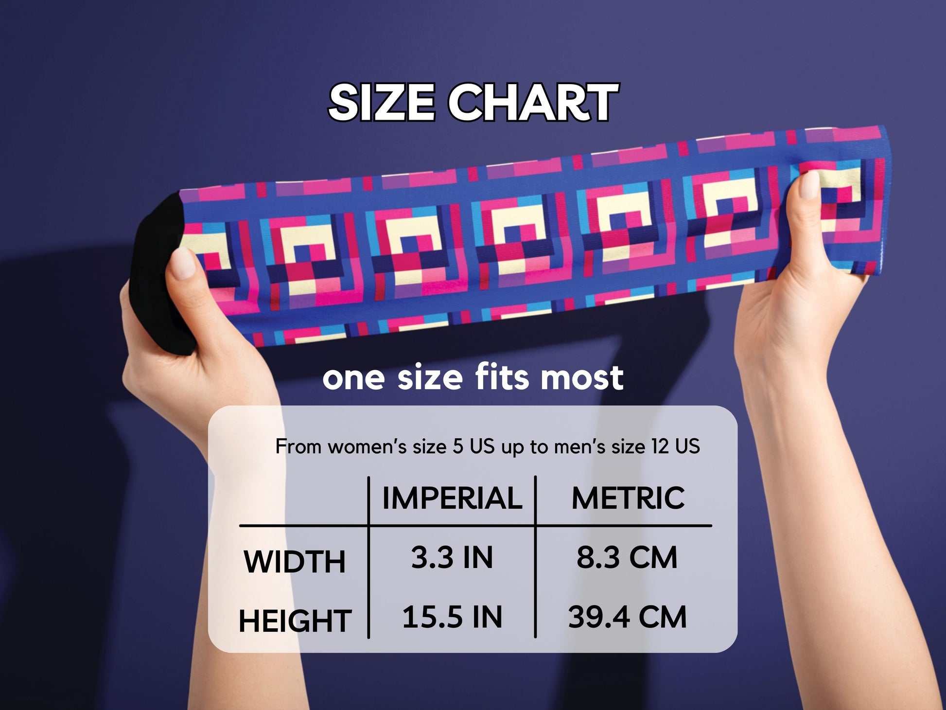 Bold Geometric Socks hands stretching socks with size chart overlay