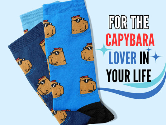 Capybara Socks - Cute Cartoon Animal Socks for Fun Gifts - with the Text "For the Capybara Lover in your Life"