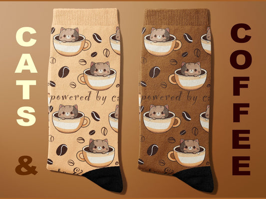 Happy Cat Coffee Socks - Cute Kawaii Cat-Themed Novelty Socks - with Bold Text "Cats & Coffee"