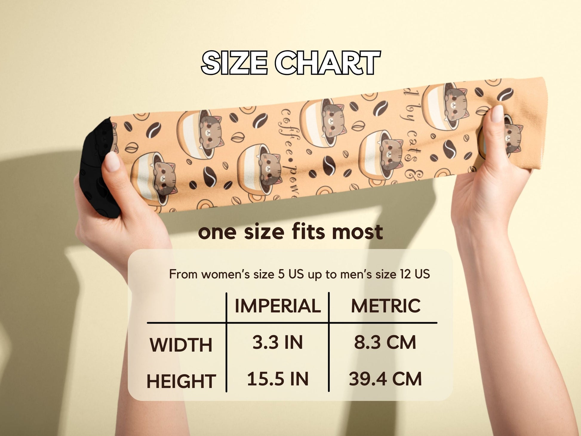 Happy Cat Coffee Socks - Cute Kawaii Cat-Themed Novelty Socks - size-chart
