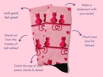 Cat Lovers Pink Heart Socks – Cute Novelty Crew flat lay of socks with benefits highlighted