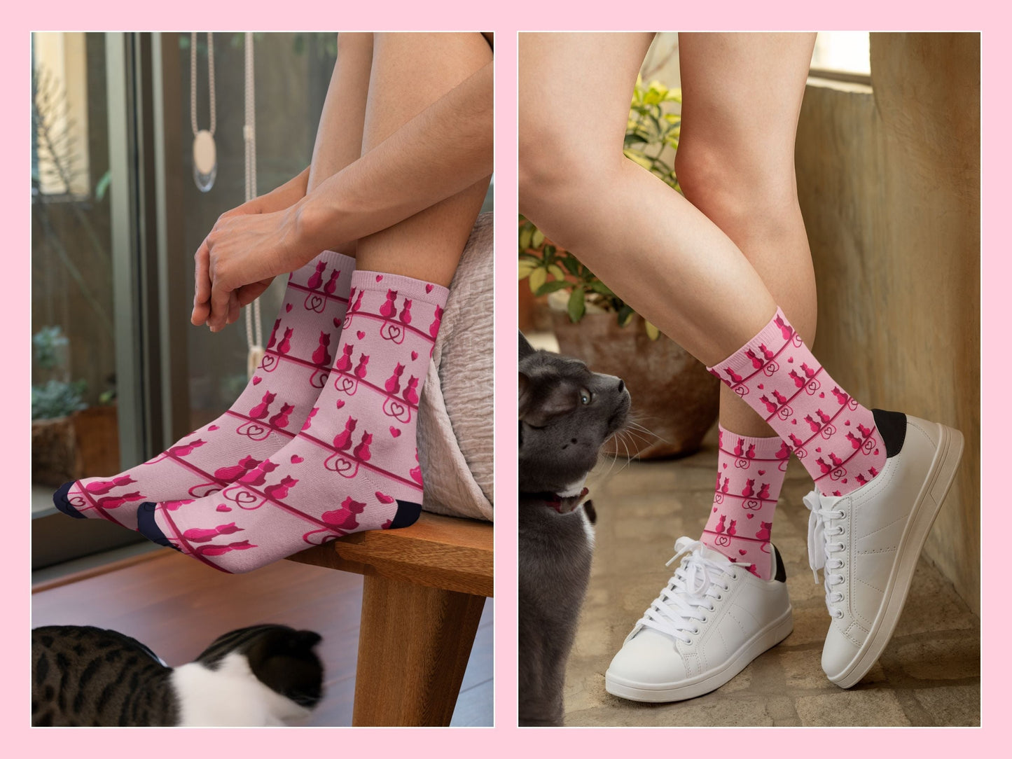 Cat Lovers Pink Heart Socks – Cute Novelty Crew lifestyle vibe shot in a real-life setting