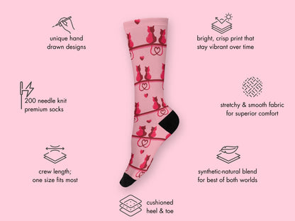Cat Lovers Pink Heart Socks – Cute Novelty Crew floating mockup with features highlighted