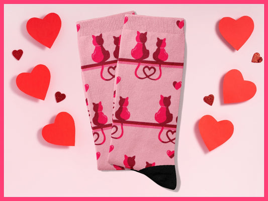 Cat Lovers Pink Heart Socks – Cute Novelty Crew styled with dress shoes in a lifestyle shot