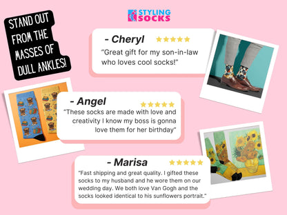 Cat Lovers Pink Heart Socks – Cute Novelty Crew customer review collage showcasing Styling Socks testimonials