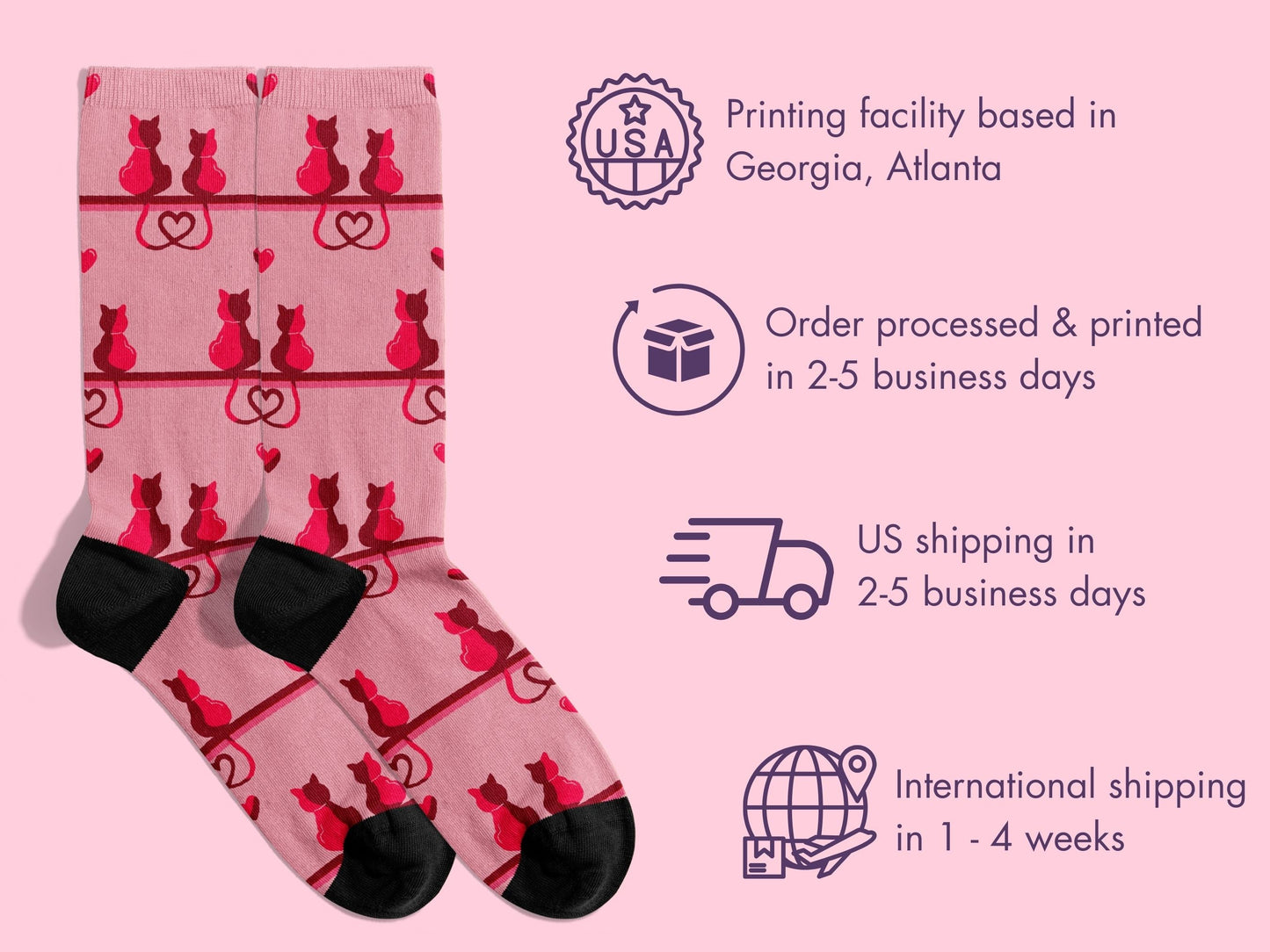 Cat Lovers Pink Heart Socks – Cute Novelty Crew flat lay of socks with shipping details overlay