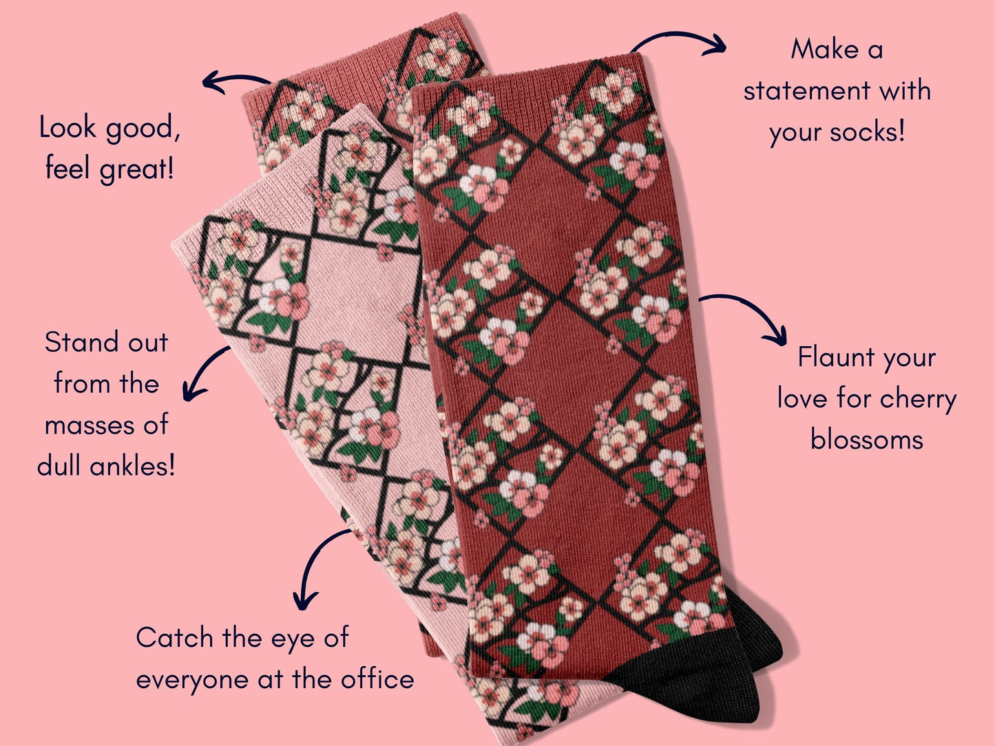 Cherry Blossom Dress Socks - Elegant Japan-Inspired Floral Socks - flatlay-benefits
