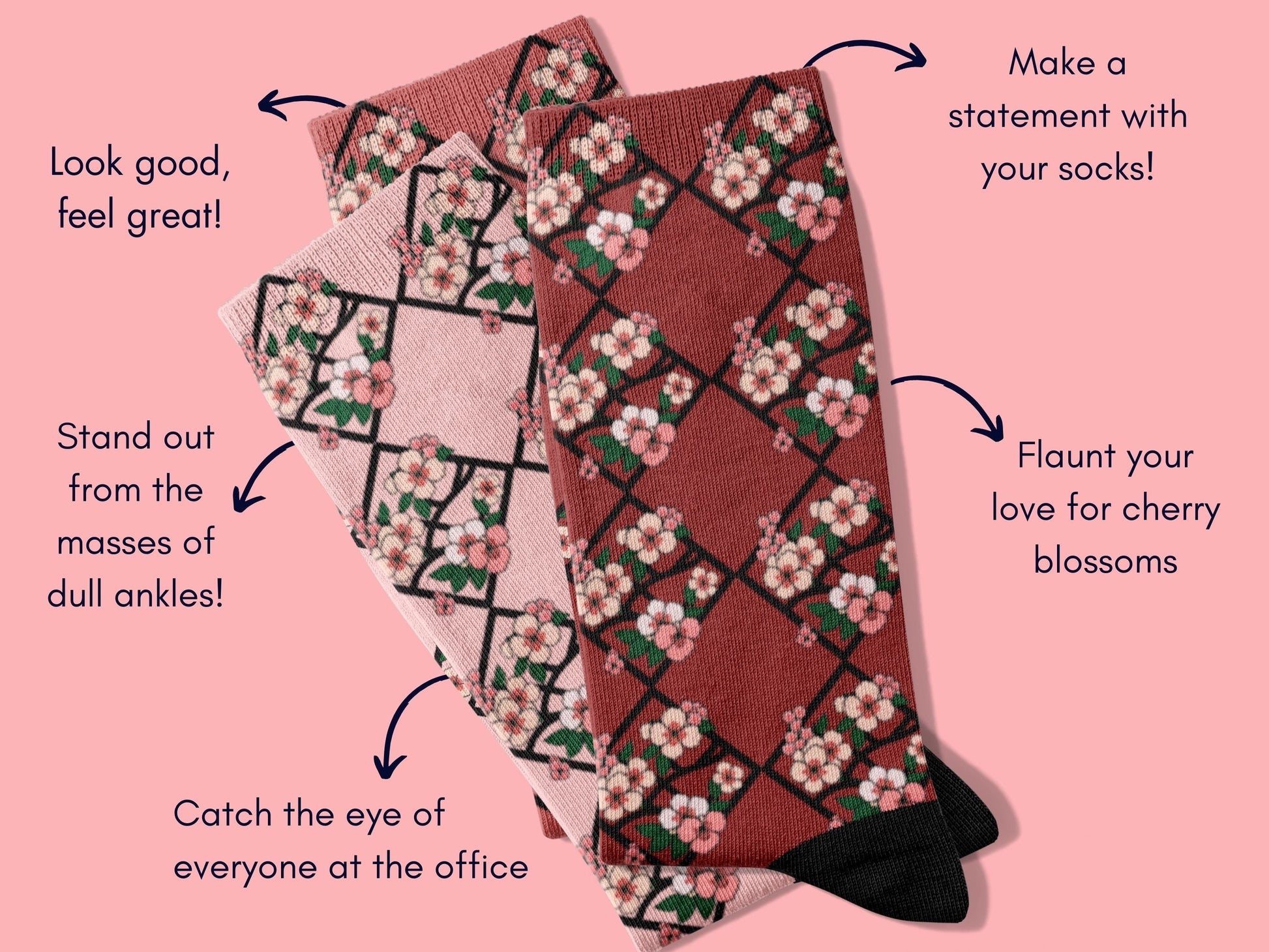 Cherry Blossom Dress Socks - Elegant Japan-Inspired Floral Socks - flatlay-benefits