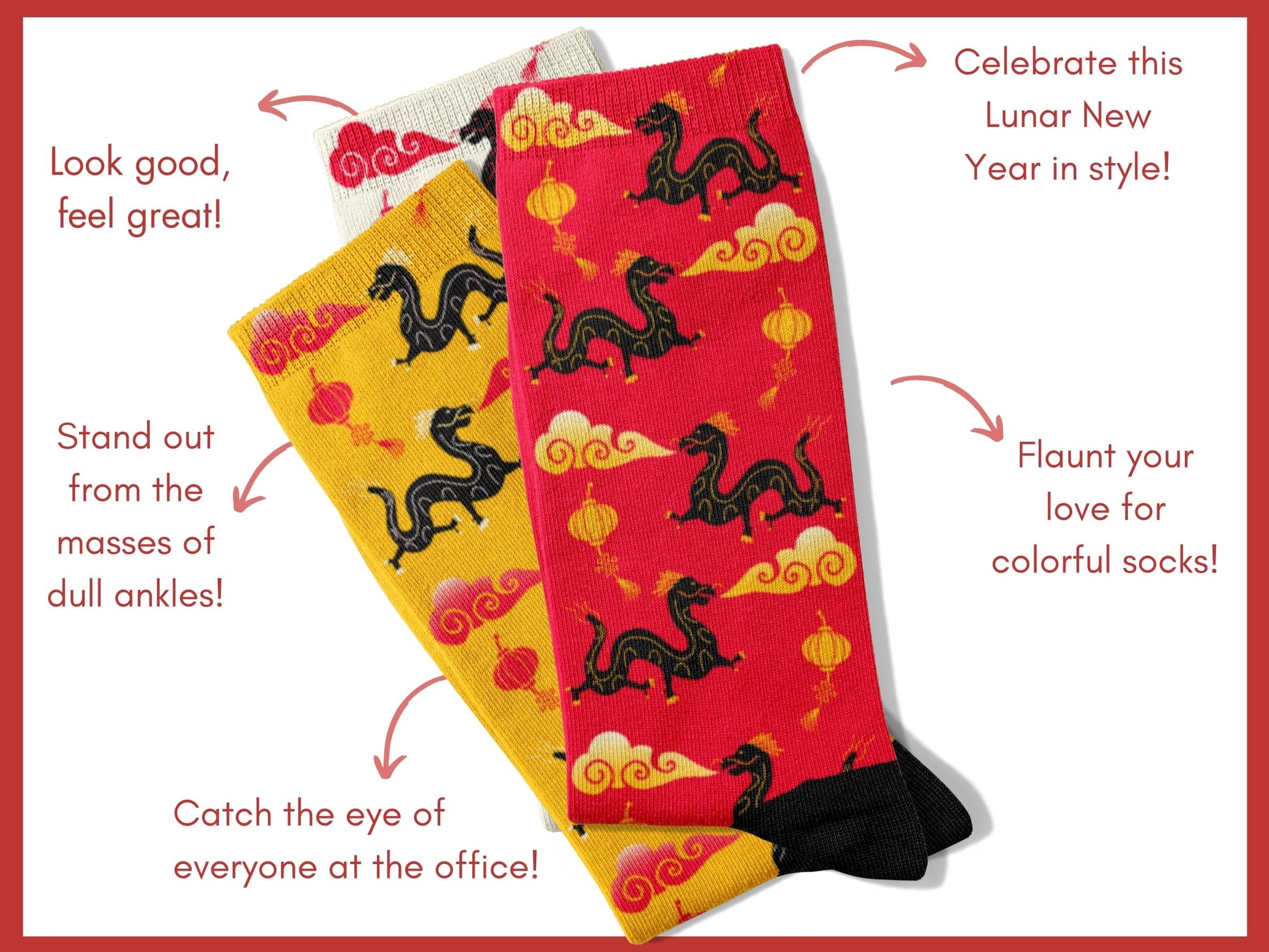 Dragon Zodiac Socks - Lunar New Year Gift - Astrology Inspired Socks - flatlay-benefits