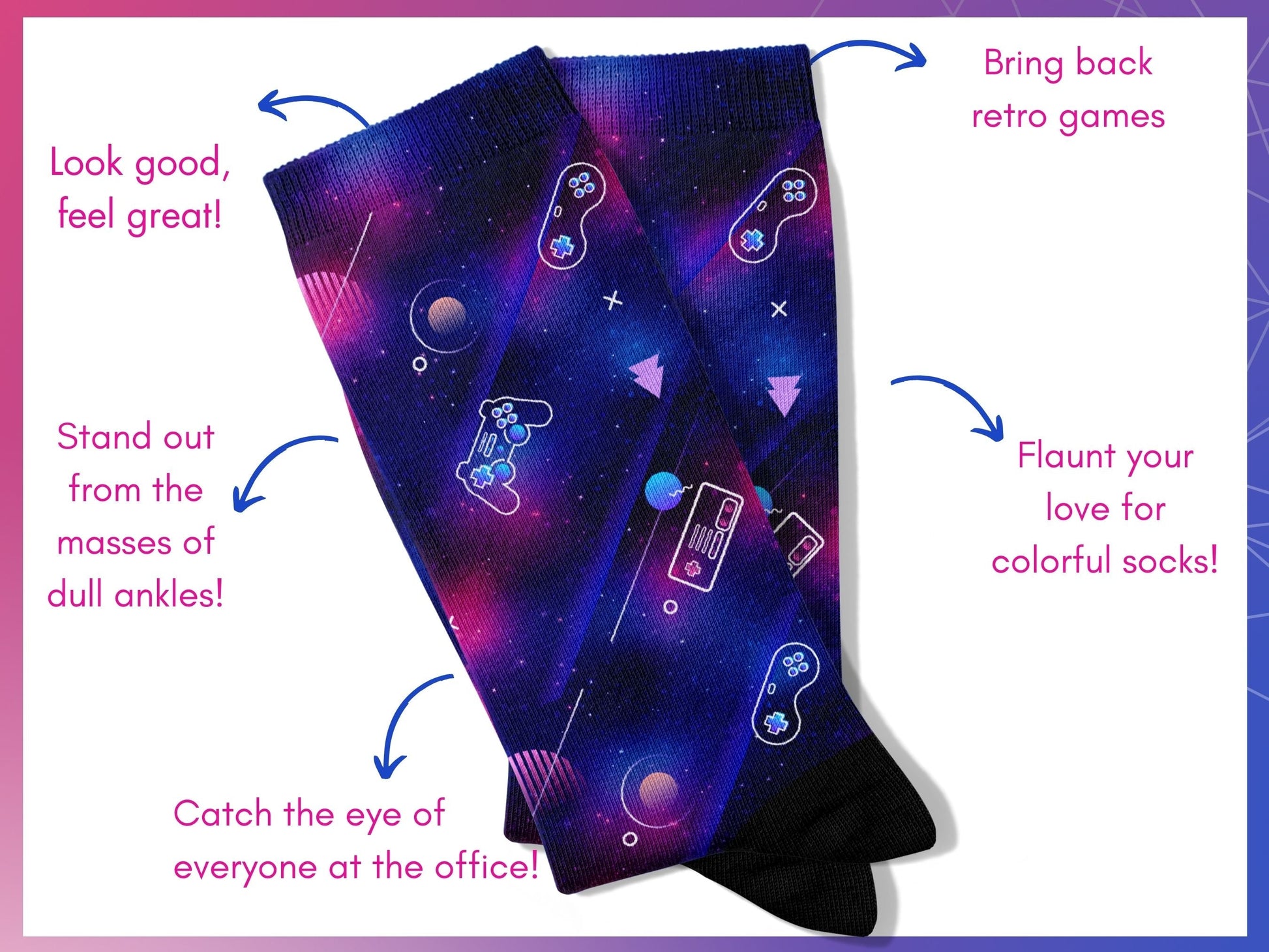 Galaxy Gaming Controller Socks — Sci-Fi Arcade Style — flatlay-benefits