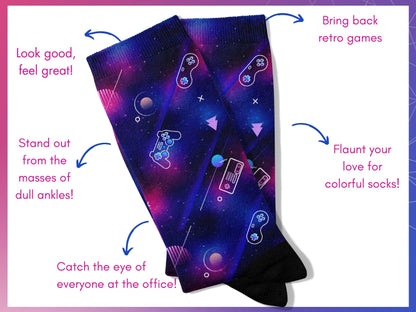 Galaxy Gaming Controller Socks — Sci-Fi Arcade Style — flatlay-benefits