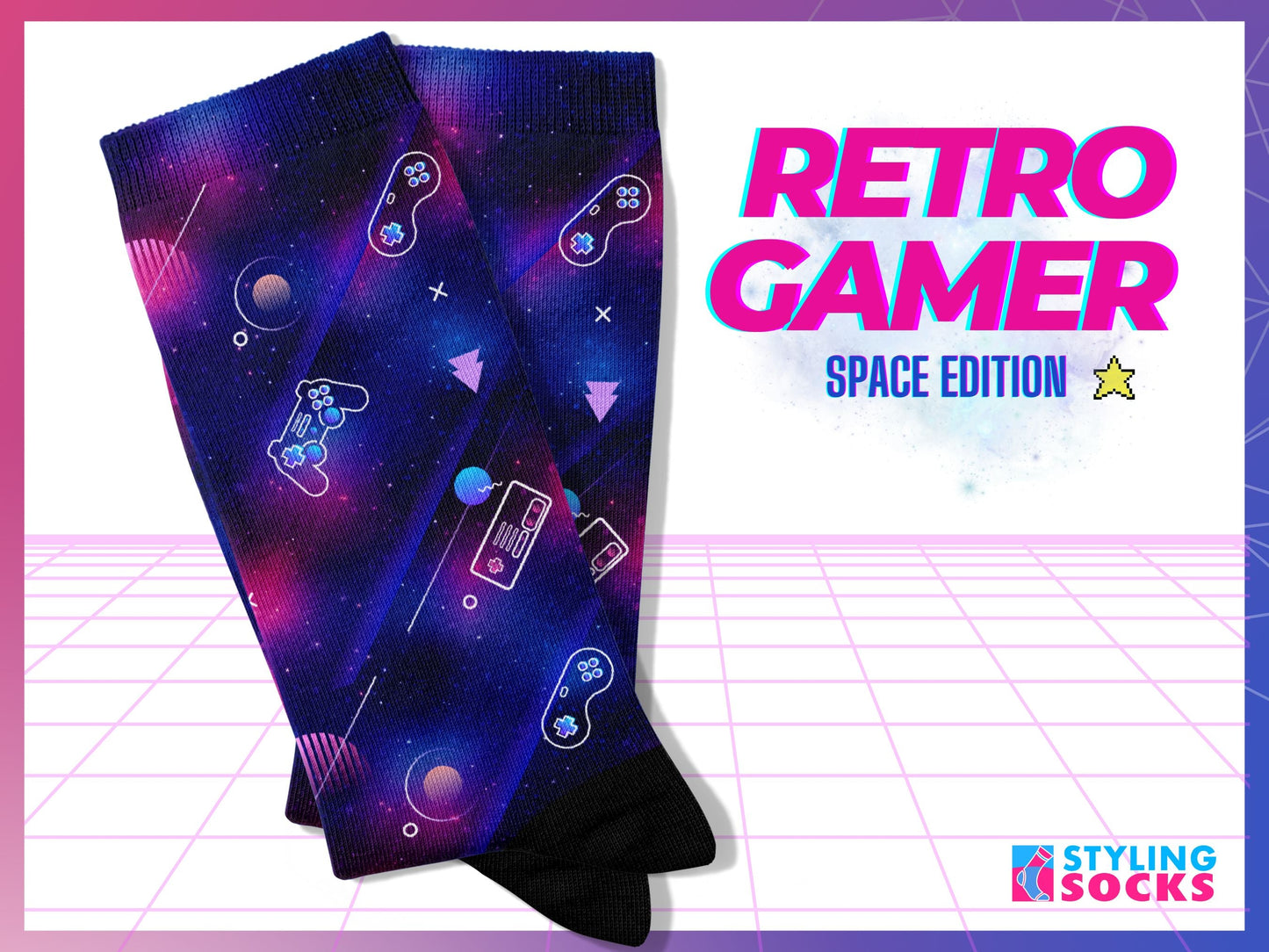 Galaxy Gaming Controller Socks — Sci-Fi Arcade Style — with Text "Retro Gamer Space Edition"
