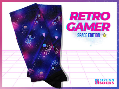 Galaxy Gaming Controller Socks — Sci-Fi Arcade Style — with Text "Retro Gamer Space Edition"