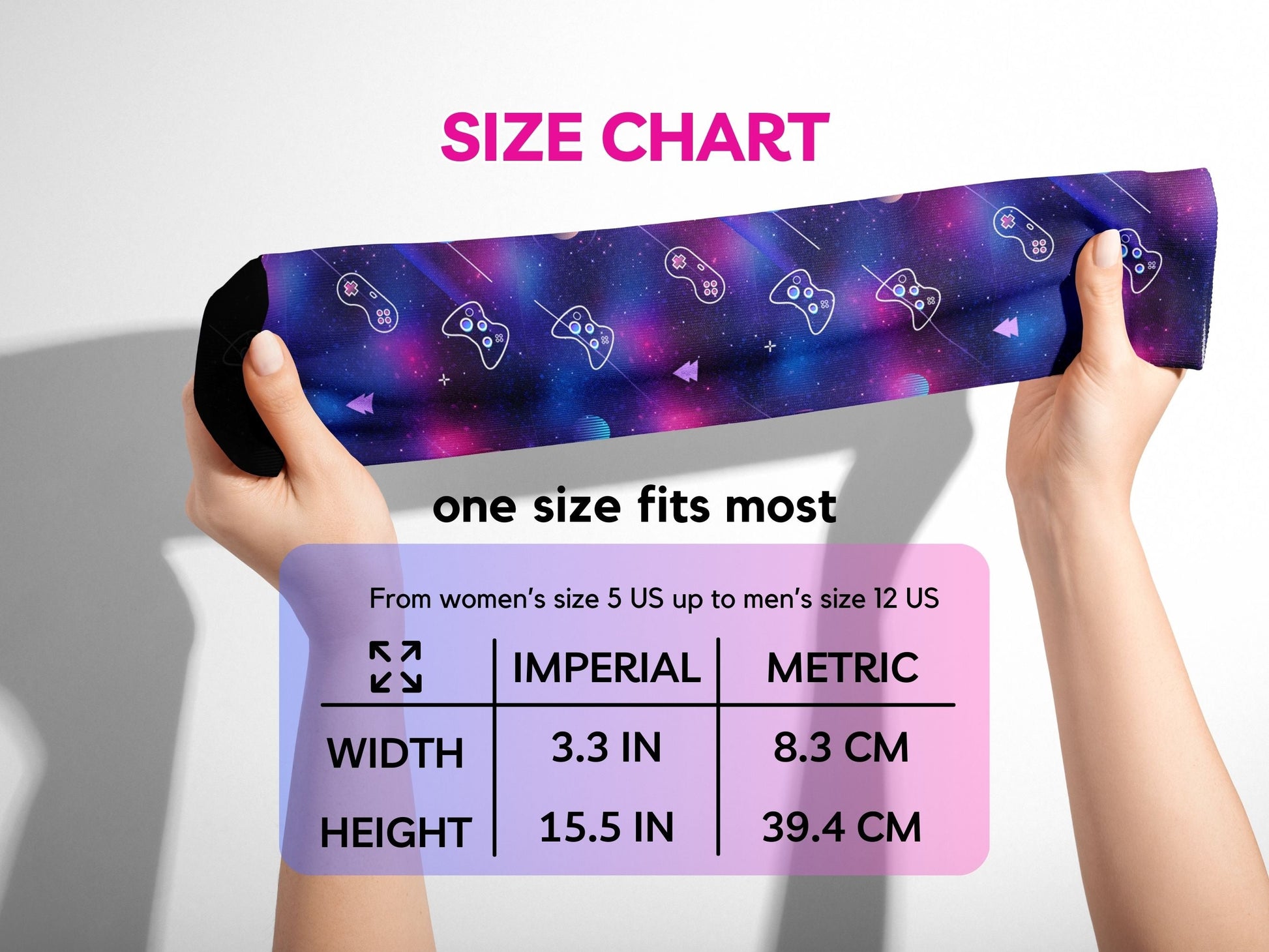 Galaxy Gaming Controller Socks — Sci-Fi Arcade Style — size-chart